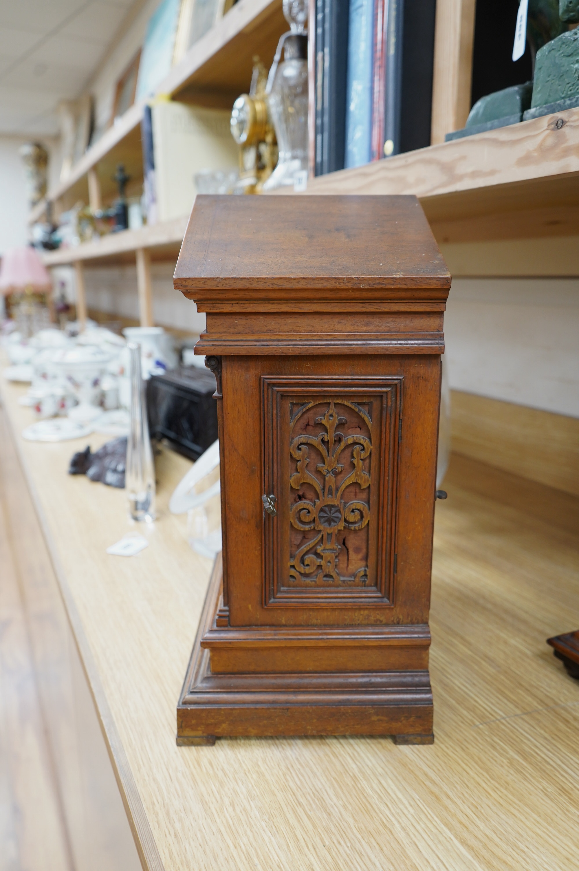 A late 19th century German mahogany W and H clock with a three train movement, striking and chiming on five coiled gongs, 42cm. Condition - fair to good, not tested, but understood from the vendor to be in working order